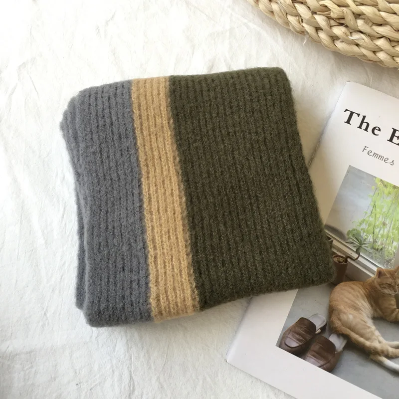 autumn and winter new children's scarf vertical strip color knitted long scarf baby warm scarf - Цвет: Army green