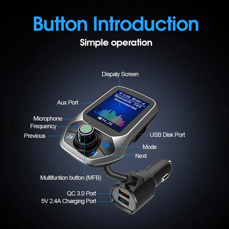 1,8 дюймов Автомобильный fm-передатчик MP3-плеер беспроводной Bluetooth Быстрая зарядка 3,0 цветной экран TF карта u-диск считыватель громкой связи двойной USB
