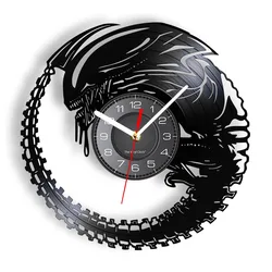 Alien Horror Vinyl Record Wall Clock - Modern Silent Timepiece Featuring Xenomorph and Facehugger Designs (Without LED)