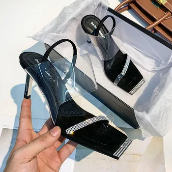 

Luxury Crystal Sandals High Heels Woman Shoes Square Transparent A Line Rhinestone Open Toe Black Thin Heel Sandalias Mujer 2020