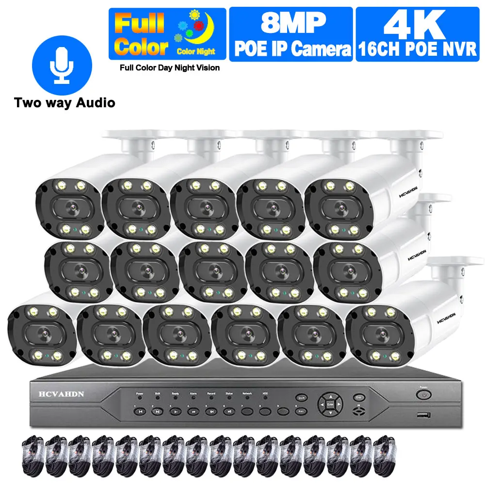 

16CH 8MP POE NVR Kit Outdoor 8CH 4K CCTV Security Camera System 5MP Two Way Audio POE IP Bullet Camera Video Surveillance Set