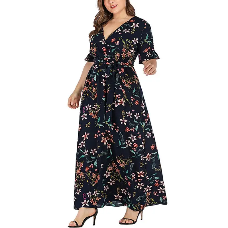 Летнее платье большого размера 4XL 5XL 6XL 7XL 8XL бюст 135 см сексуальное кружевное модное платье с v-образным вырезом и расклешенными рукавами
