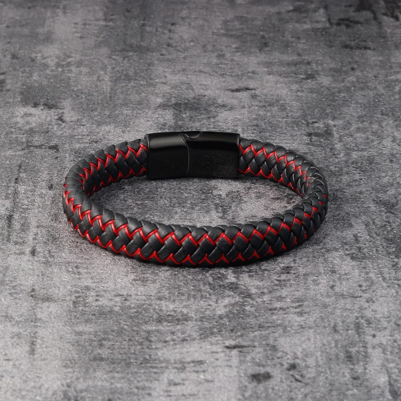 Trendy Red Genuine Leather Bracelet for Men Jewelry Multicolor Stainless Steel Magnetic Clasp Braided Wristband Male Punk Gift - Image 3
