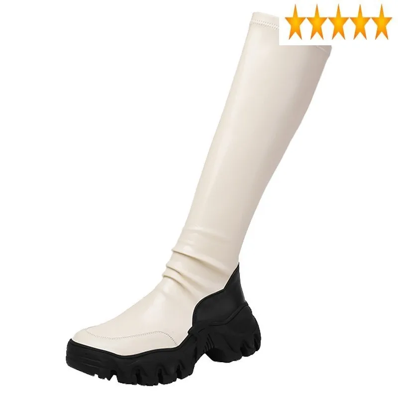 

Pleated Knee High Platform Fashion Women Slip-On Elastic Motorcycle Biker Genuine Leather Shoes Ladies Knights Boots