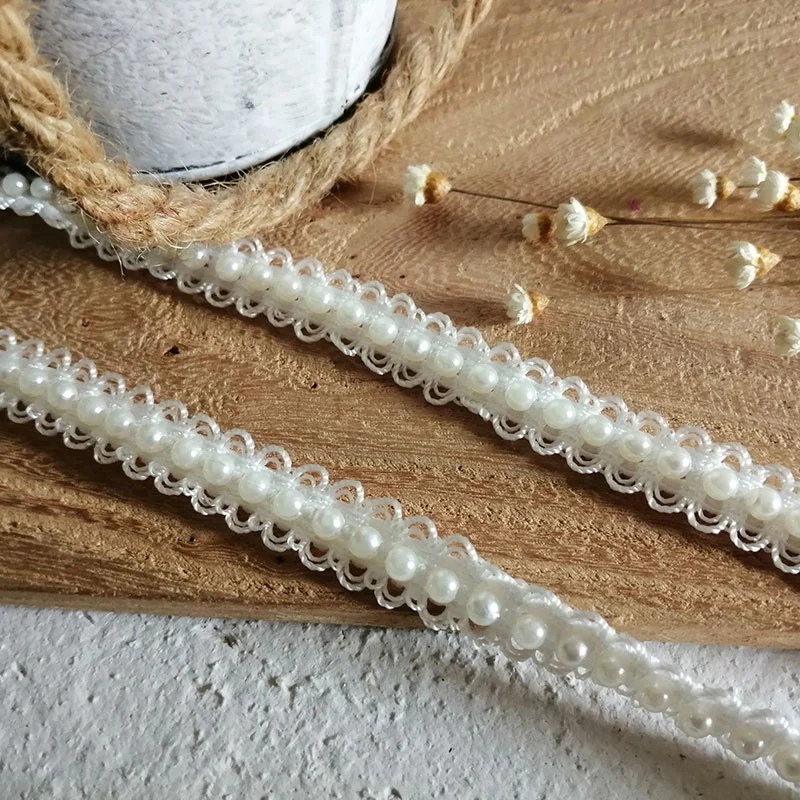 Lace Accessories 1CM Wide Polyester Glitter Pearls Braided Webbing Beaded Fringe Lace Edging Trim Wedding Dress Headwear DIY Sewing Decor