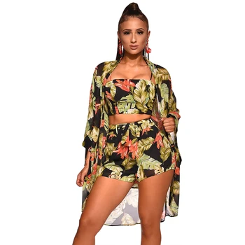 

3Pcs Women Floral Print Spaghetti Strap Sleeveless Tank Tops +Short Pants +Cover up Jumpsuit Summer Beach Outfits Set