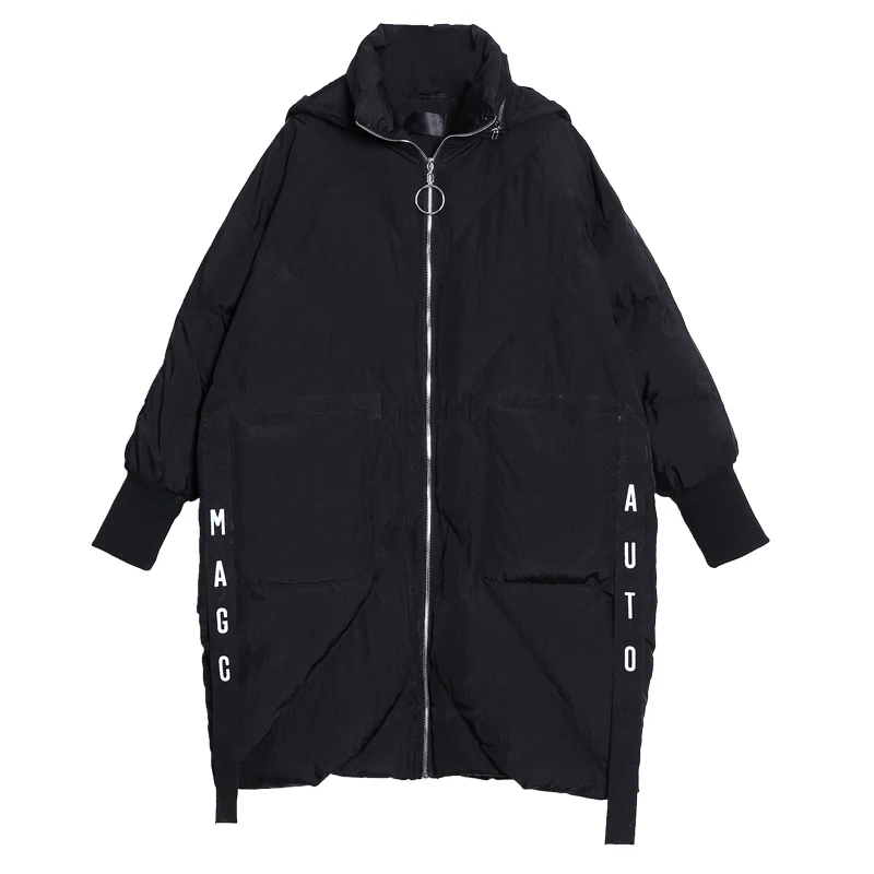 [EAM] Black Ribbon Big Size Hooded Cotton-padded Coat Long Sleeve Loose Fit Women Parkas Fashion New Autumn Winter 1H261 - Цвет: black