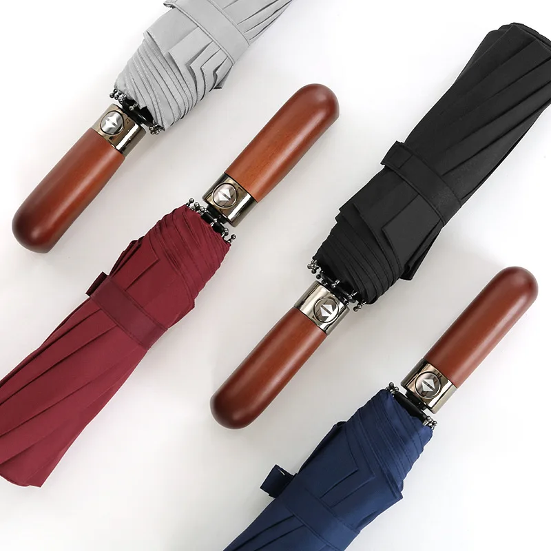 

Fully Automatic 10 Bone Wind-Resistant Solid Wood Handle Lettering Three Fold Men shang wu san Umbrella Customizable Logo Advert