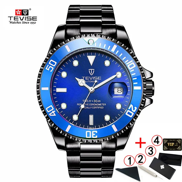 black-blue-box TEVISE T801 часы мужские автоматические механические водонепроницаемые мужские s часы лучший бренд класса люкс синие золотые наручные часы montre homme - Цвет: black-blue-box