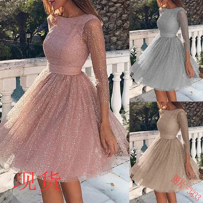

2020 summer European and American new women's dress wish Amazon pop round neck long sleeve perspective dress