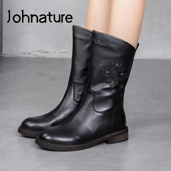 

Johnature Winter Women Boots Zip Genuine Leather Women Shoes 2020 New Flat With Round Toe Totem Handmade Concise Platform Boots