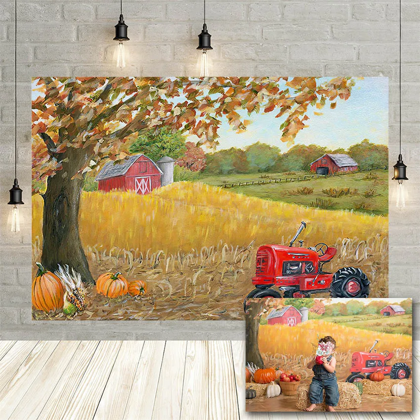 

Avezano Fall Farm Photography Background Gold Yellow Wheat Leaves Pumpkin Tractor Boy Portrait Backdrop Photo Studio Photozone