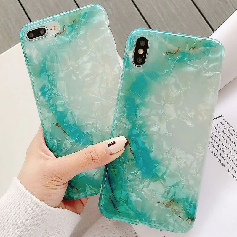 

Simple Marble Pattern Phone Case for iPhone 6 6s 7 8 Plus X Xs XR Xs Max Conch Shell Translucent Bling Back Cover
