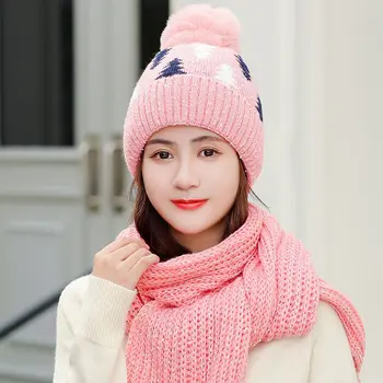

Ladies Winter Scarf Hat Set Ladies Knitted Warm Thick Pink Beanies Hats With Pompon Female Solid Christmas Tree Long Scarves Red