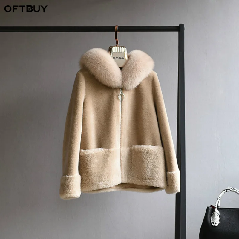 Женское меховое пальто с капюшоном OFTBUY Тедди воротником из натурального Лисьего