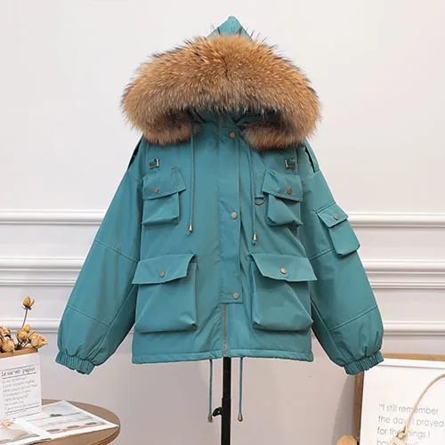 Green natural fur Зимний женский пуховик с длинным рукавом, хлопковый пуховик с утиным пухом, пальто для женщин, осень, плюс толстый теплый большой меховой воротник, Женское пальто - Цвет: Green natural fur