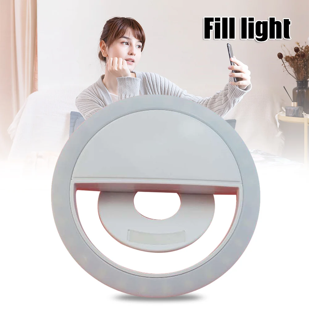 

Rechargeable White Round Shape Selfie Ring Light with 28 LED Beads for Smart Phone Camera VH99