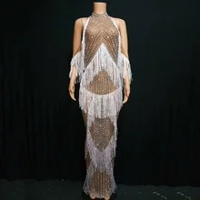 Блестящие стразы с белой бахромой, платье для женщин на день рождения, выпускной вечер, праздничная одежда, вечернее платье для танцев DQS3245