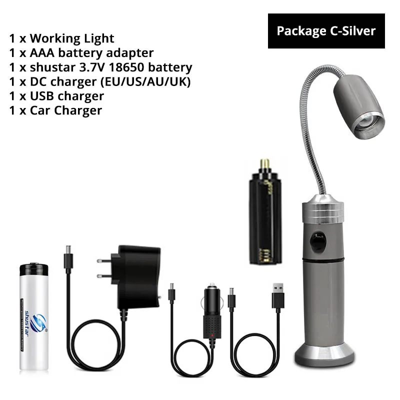 Silver - Package C Гибкий светодиодный фонарик, супер яркий рабочий свет, водонепроницаемая лампа для кемпинга, вращающийся зум, 3 режима освещения с магнитом на хвостовой части - Испускаемый цвет: Silver - Package C