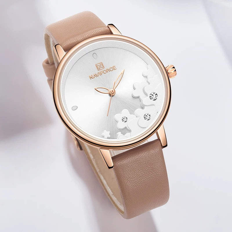 NAVIFORCE люксовый бренд дамы цветок для женщин часы кожаный ремешок наручные часы Леди Мода кварцевые часы Девушка розовое золото Reloj Mujer