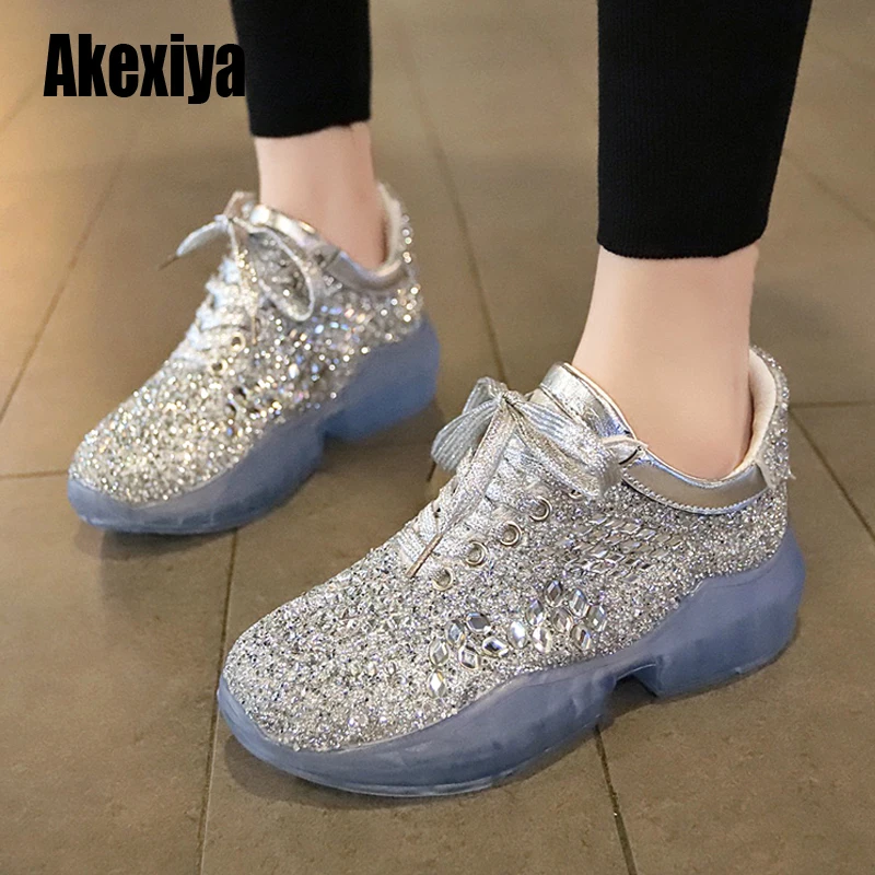 

Casual Bling Shoe Women zapato de mujer Crystals black Sneaker Platform chaussures femme Leather Fashion Shoes s414