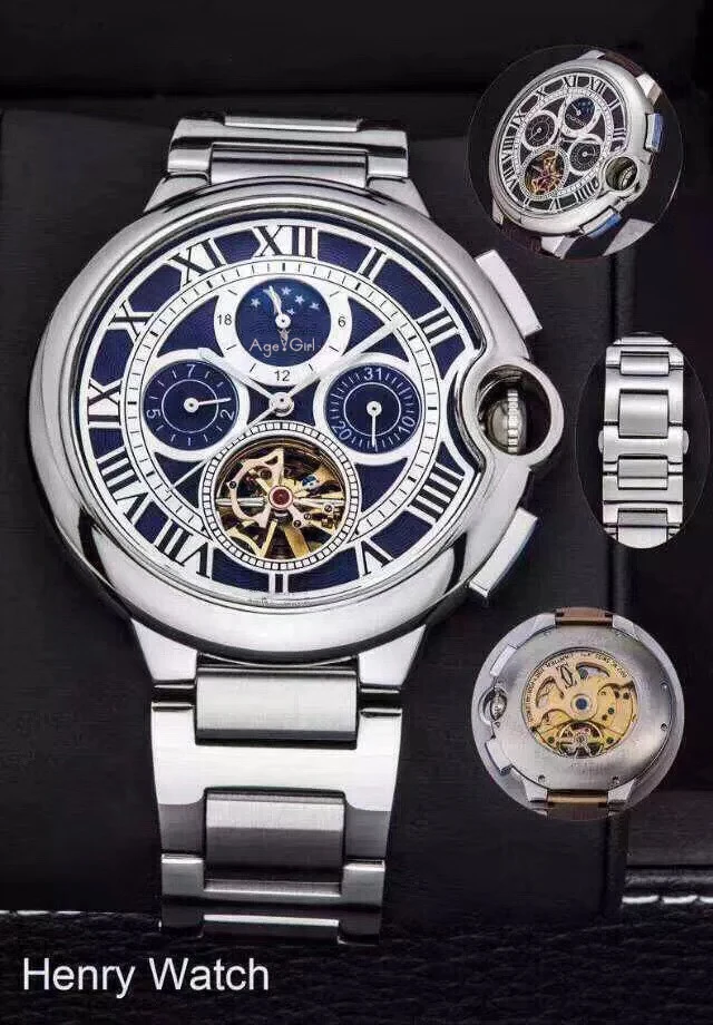 

Luxury Brand New Men Watch Sapphire Automatic Mechanical Silver Stainless Steel Tourbillion Day Date Skeleton Moon phase Watches
