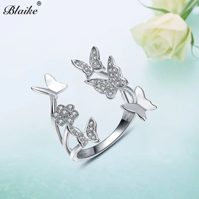 

Blaike 925 Sterling Silver Filled butterfly Flower Open Ring Inlay Zircon Wedding Party Rings For Women Jewelry Anniversary Gift