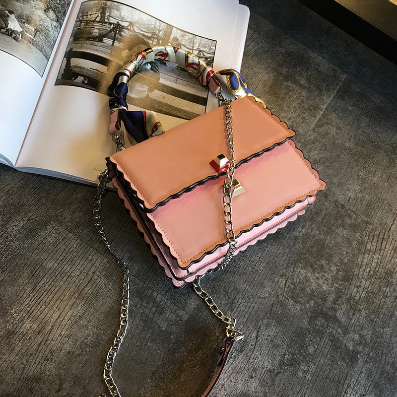 

20117 New Style Korean-style Curve Edge Square Handbag Trend Silk Scarves Hand Shoulder Square Sling Bag