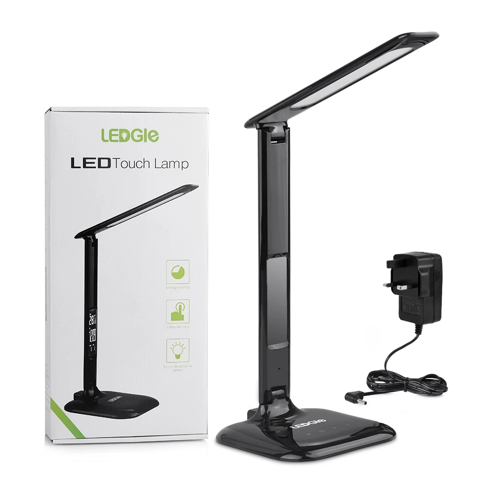 UK Plug LEDGLE Настольная лампа с регулируемой яркостью USB, складная, 8 Вт, светодиодный светильник с сенсорным экраном, календарь, время и термометр для дома, офиса, светильник - Цвет корпуса: UK Plug