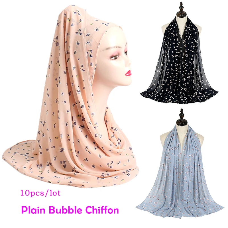 10 шт./лот,, цветочный хиджаб, шарф для женщин, с принтом, мусульманский головной убор, шарфы, платки, одноцветные, простые, Пузырьковые, шифоновые хиджабы
