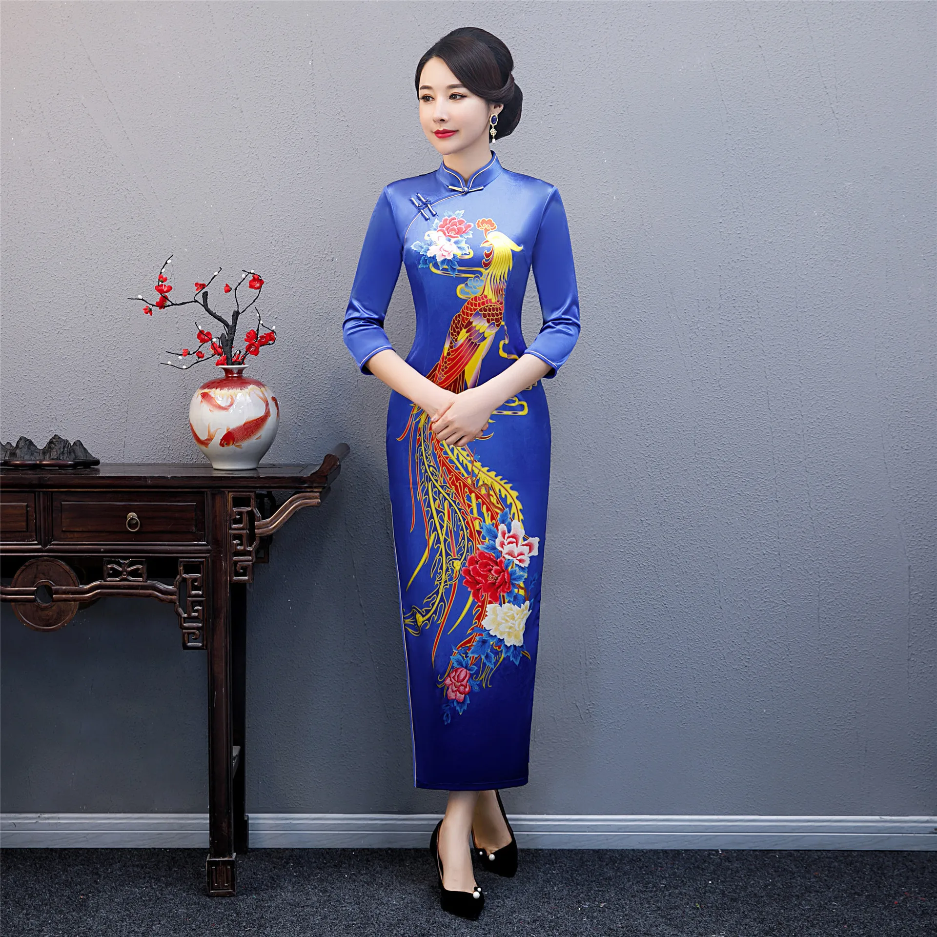 Большие размеры 3XL 4XL 5XL осеннее Новое поступление винтажное три четверти Cheongsam сексуальное женское Формальное длинное платье с цветочным принтом велюровое платье