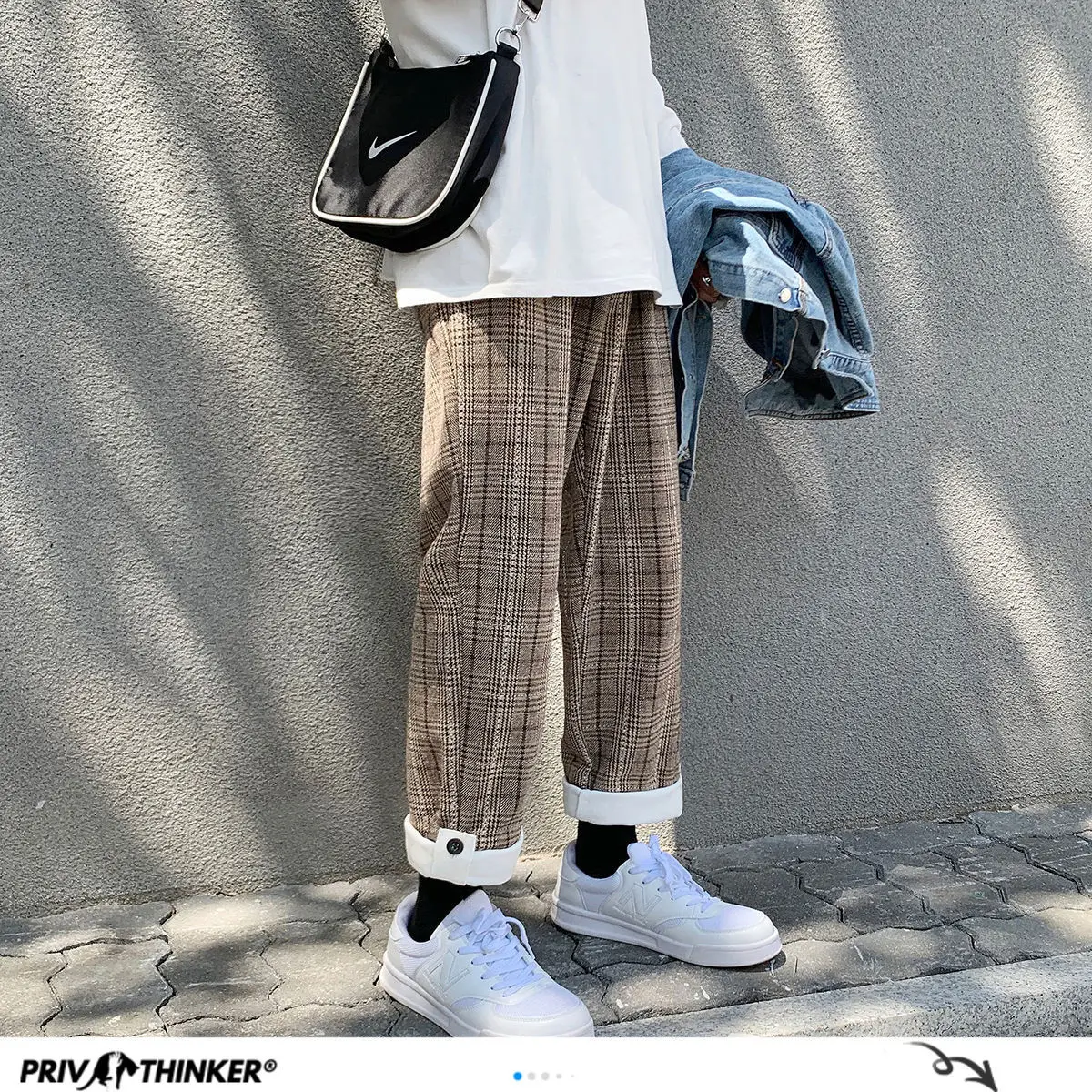 Privathinker Зимние флисовые плотные мужские черные клетчатые брюки 2020 корейские