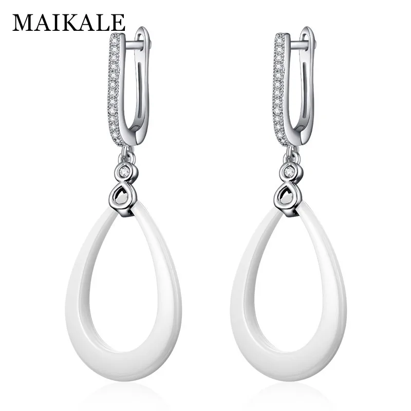 silver white MAIKALE, новые модные черно-белые керамические Висячие серьги для женщин, Овальный Круглый Цирконий, золотые серебряные серьги-подвески ювелирные изделия, подарки - Окраска металла: silver white