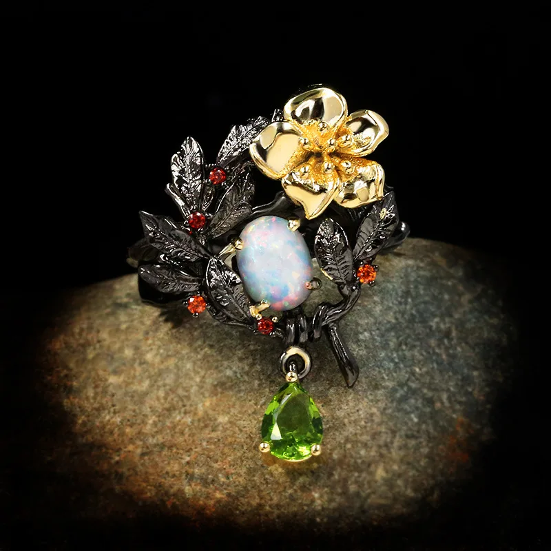 

Classic Plant Flower Pearl Zircon Ring Opal Green Zircon Pendant Ladies Ring Luxury Attend Cocktail Ladies 925 Silver Jewelry