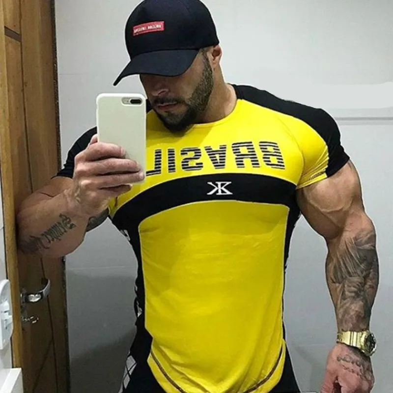 Модные новые фитнес мужские футболки Бодибилдинг тренажерные залы бегунов быстросохнущие повседневные футболки со строчкой топы Летняя одежда - Цвет: Yellow