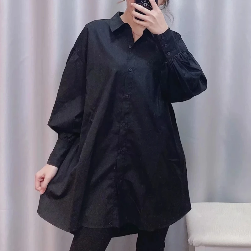 Fashion Women Lantern Sleeve Poplin Shirt Autumn Leisure Lady Turndown Collar Blouse Loose Tops S6655