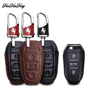 

Leather Car Key Cover with Metal Horse Pattern Keychain For Peugeot 3008 5008 208 307 308 508 2008 4008 408 301 308S Accessories