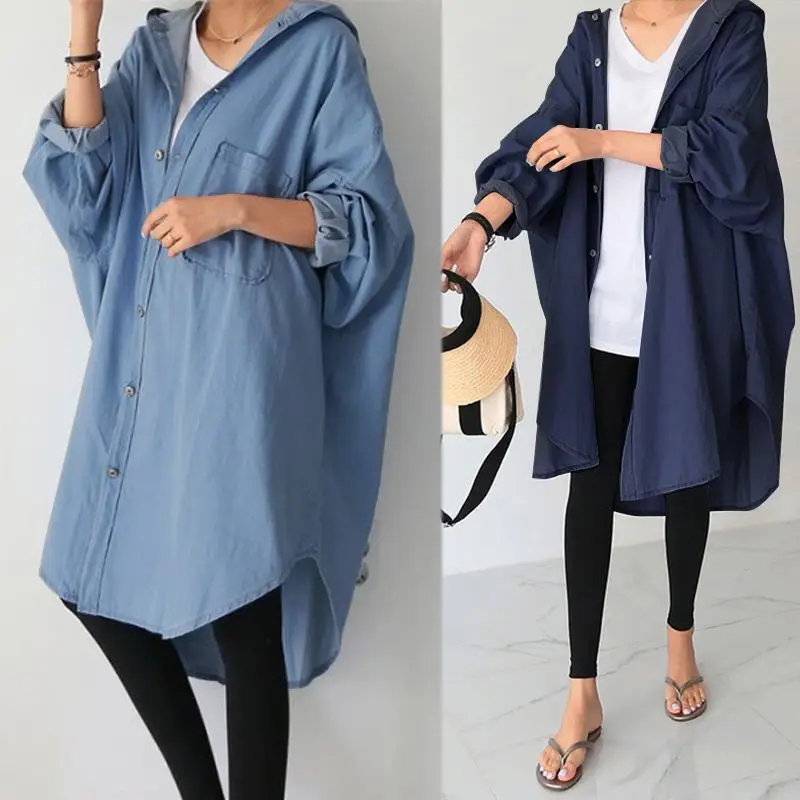 long down coat 2022 Oversized ZANZEA Denim Blue Coats Autumn Womens Solid Hooded Long Sleeve Button Down Outwear Long Jackets Cardigans Vestido black puffer coat with hood