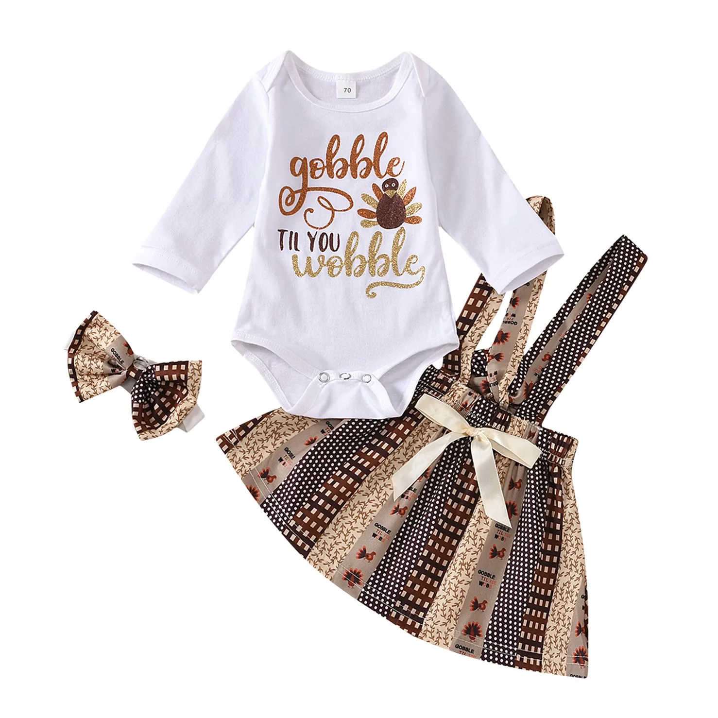 

2020 New Fall Autumn Thanksgiving Newborn Baby Girls 3Pcs Set Turkey Letter Print Long Sleeve Bodysuit+Suspender Skirt+Headband