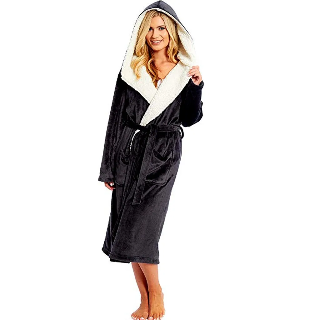 Женский халат, хлопковый Халат, ночное платье, женская зимняя удлиненная Коралловая плюшевая шаль, халат с длинными рукавами, халат, пальто#4