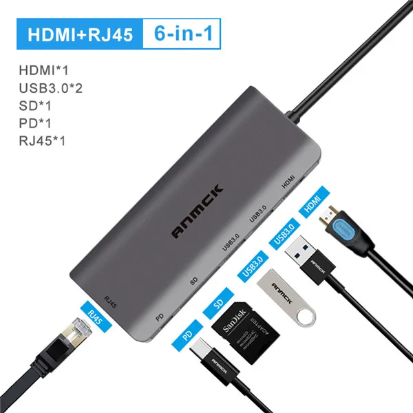 6 in 1 hub Anmck USB C HUB USB to Multi HDMI USB 3.0 RJ45 Carder Reader OTG Adapter USB Splitter for MacBook Pro Air USB Dock Type C HUB - Цвет: 6 in 1 hub