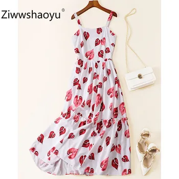 

Ziwwshaoyu 2020 New Women's Summer Red Leaves Print Holiday Spaghetti Strap Midi Dresses Women's High Quality Clothing