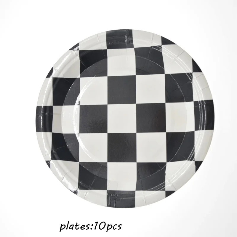 10pcs plates Вечерние принадлежности для гоночной машины на день рождения для детей, бумажные тарелки и стаканы, черно-белая клетчатая одноразовая посуда, шахматные подарки для тематической вечеринки - Цвет: 10pcs plates