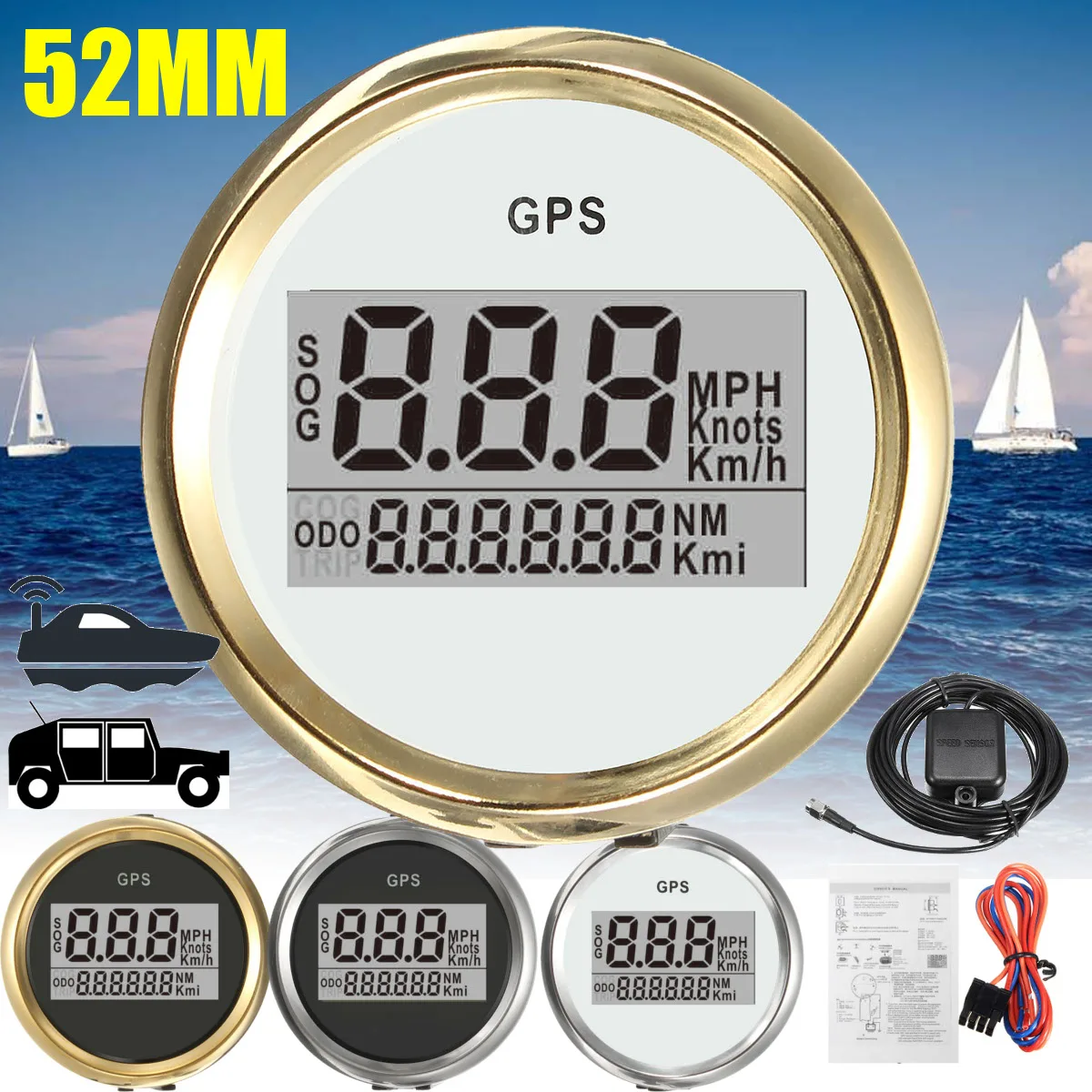Цифровой Автомобильный спидометр, gps, одометр, 52 мм, 0-999 узлов, км/ч, mph, 12 В/24 В, с подсветкой, яхта, судно, мотоцикл, лодка, автомобиль