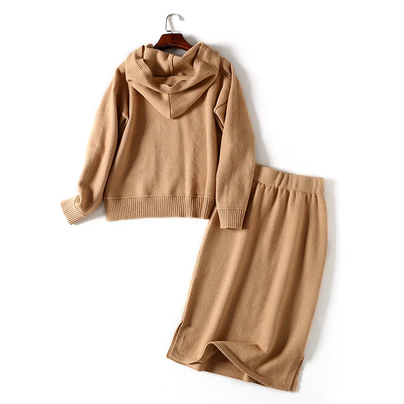 

One's Versatile Loose-Fit Hooded Sweater Elastic Waist Half-length Skirt Two-Piece Set Entity