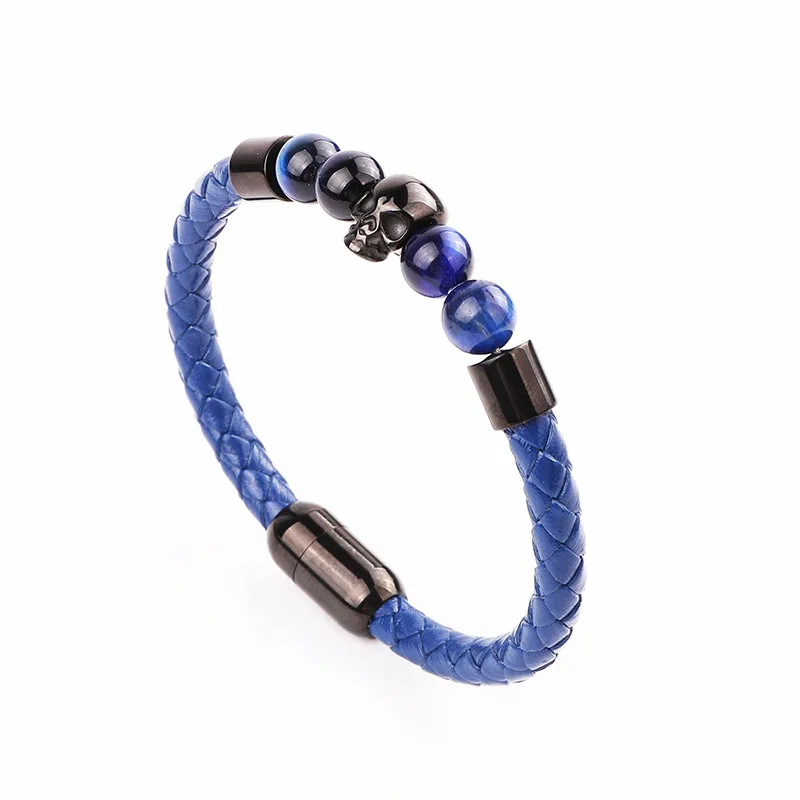 High Quality Men Bracelet New Design Blue Tiger Eye Natural Stone Stainless Steel Skull Charm Genuine Leather Bracelet Men - Image 6