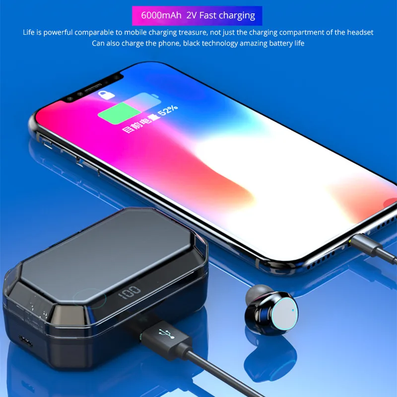 New G03 Earphone Wireless 6000mAh LED Smart Power Bank TWS 5.0 Bluetooth 9D Stereo IPX7 Waterproof PK G02 for all phone