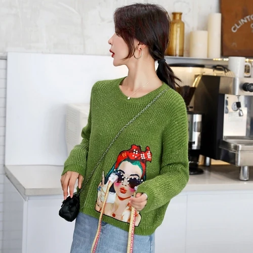 Женская одежда, свободные комплекты, корейский топ, Осень-зима, милый свитер, пуловер с рисунком Аватара, вязаные свитера для молодых девушек 600B60 - Цвет: Зеленый