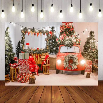 

Photography Background Winter Snowflake Christmas Tree Red Car Gift Flashing Lights Decoration Backdrops for Photo Studio