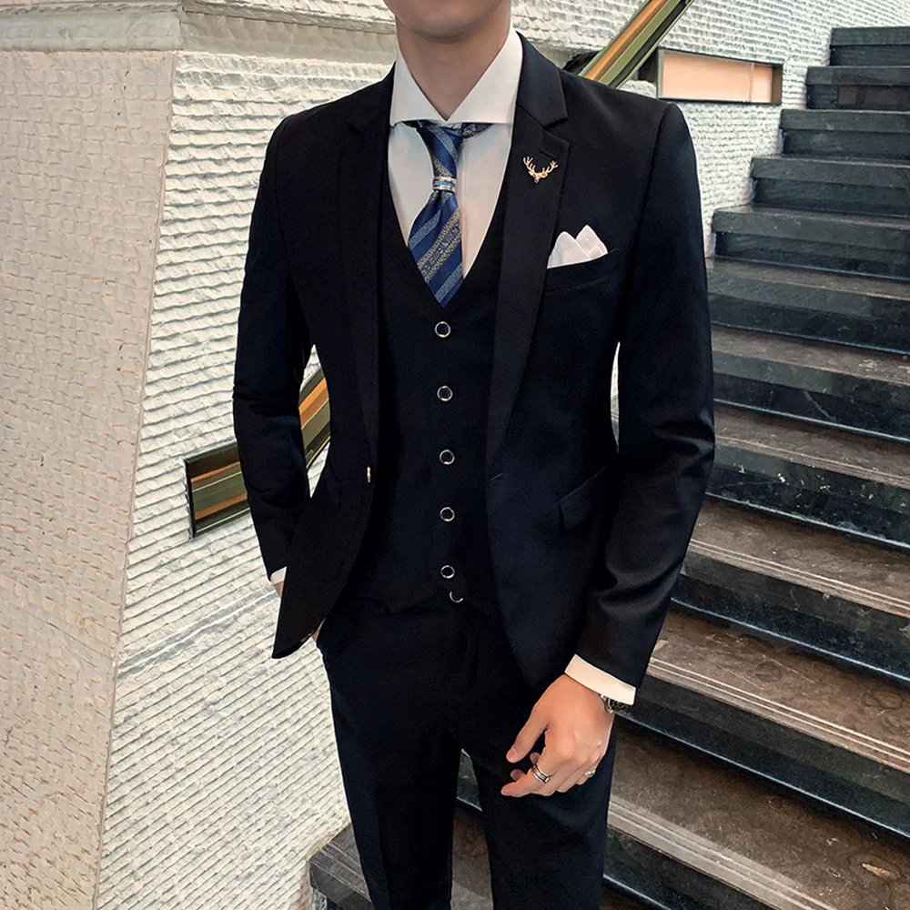 Сплошной цвет slim fit мужской костюм из 3 предметов свадебное платье мужской повседневный деловой пиджак Свадебный Выпускной костюм жениха одежда смокинг